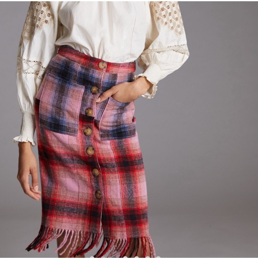 Anthropologie Plaid Fringe Midi Skirt Size 8